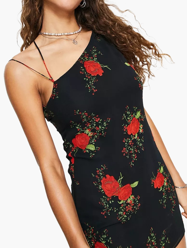 MyRunway Shop TOPSHOP Black Rose Print Asymmetric Cowl Mini Slip